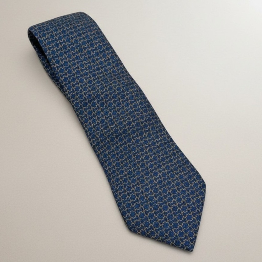 Authentic Hermès 100% Silk Tie – Red & Blue Geometric Pattern – Excellent Cond.